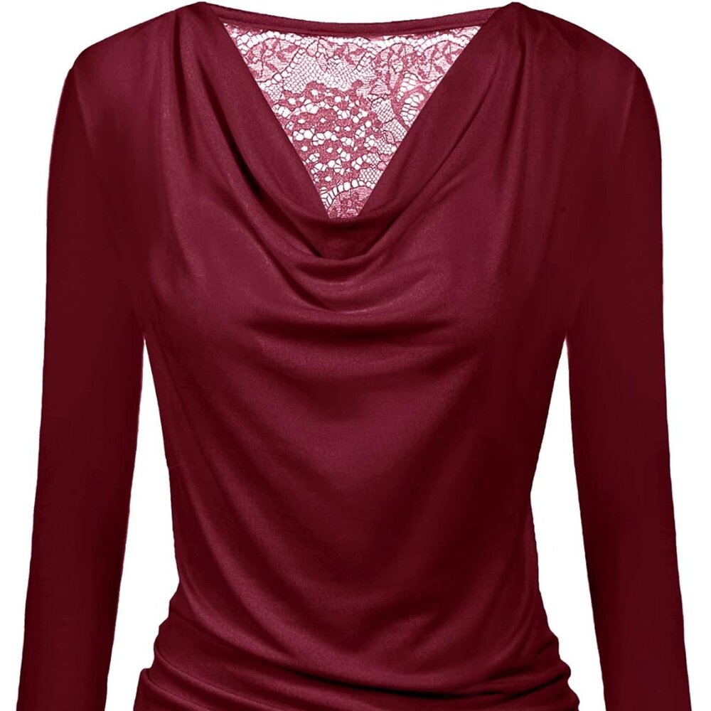 Long Sleeve Cowl Lace Back Side Ruched Tunic Top
